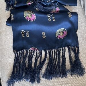 Silk Scarf Navy Long Fringe Wrap Elegant Asian Motifs with Tassel